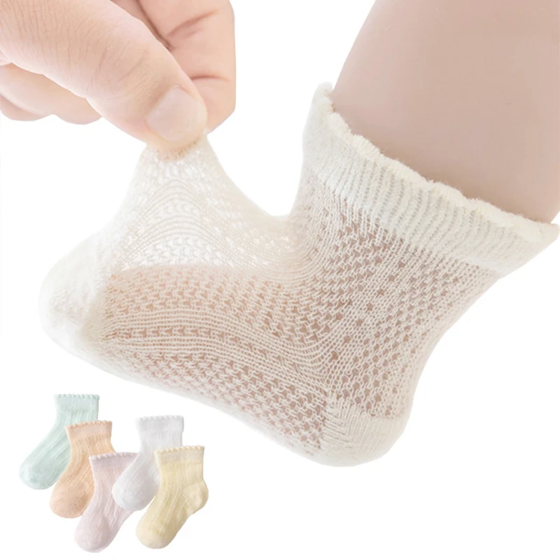 5Pairs Baby Mesh Sock Summer Newborn Cotton Sock Solid Color Thin Breathable Boys Girls Mid Tube Socks 0-3Year Children Footwear