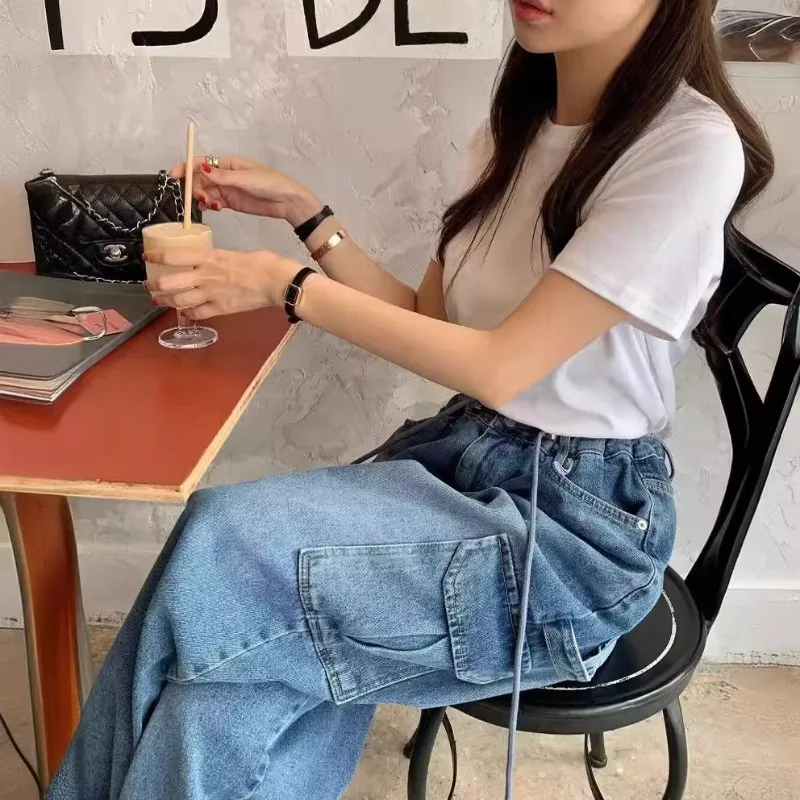 Drawstring Large Pocket Neutral Loose Overalls Denim Wide-leg Pants