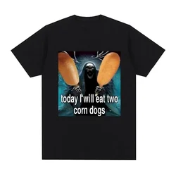 Today I Will Eat Two Corndogs Graphic T-Shirt Skeleton Meme Men's Vintage Gothic Short Sleeve T-shirts Cotton Oversized T Shirts