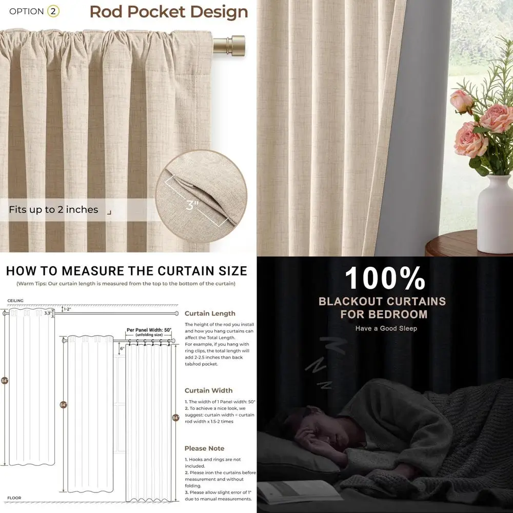 

Термоизолированные льняные шторы, овсянка, 50x102, комплект из 2 панелей с задним язычком/карман для спальни