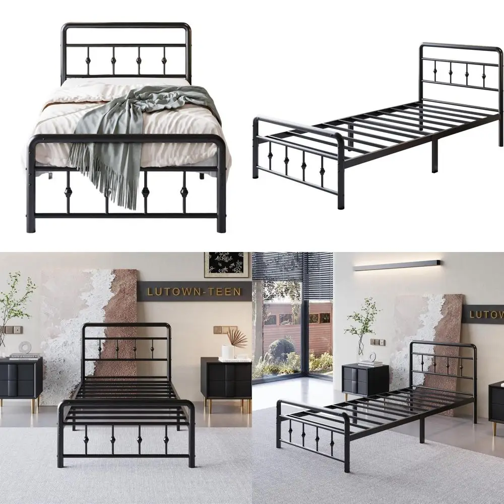 

Heavy Duty Black Metal Twin XL Bed Frame with Victorian Style Headboard and Footboard - No Box Spring Required, Easy Assembly, N