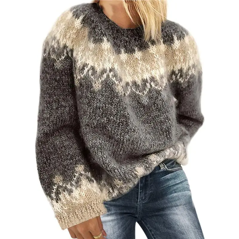 

Female's Fair Isle Sweater Vintage Chunky Crewneck Long Sleeve Knit Pullover Oversized Warm Mohair Sweaters