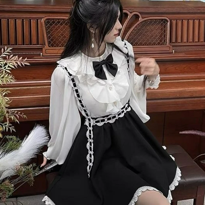 

Japanese Preppy Style Lolita Sweet 2 Piece Set Women Kawaii Bow Peter Pan Collar Blouse Lace Suspender Skirt Korean Y2k JK Suits