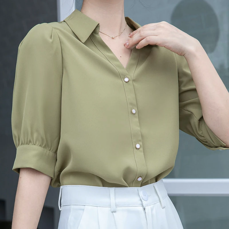 Elegant Women Tops and Blouses Chiffon Short Sleeve Shirts Puff Sleeves V- Neck Solid Office Ladies Tops Females Clothing Button