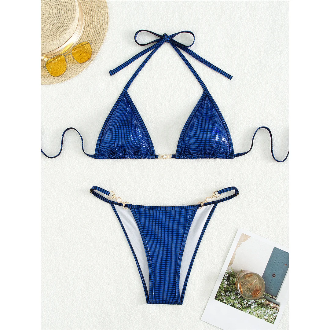Sexy Perlen-Karomuster-Bikini mit Neckholder, Damen-Badeanzug, zweiteiliges Bikini-Set, Badeanzug mit hohem Beinausschnitt, Badebekleidung, Modell V6025. – Detail 10