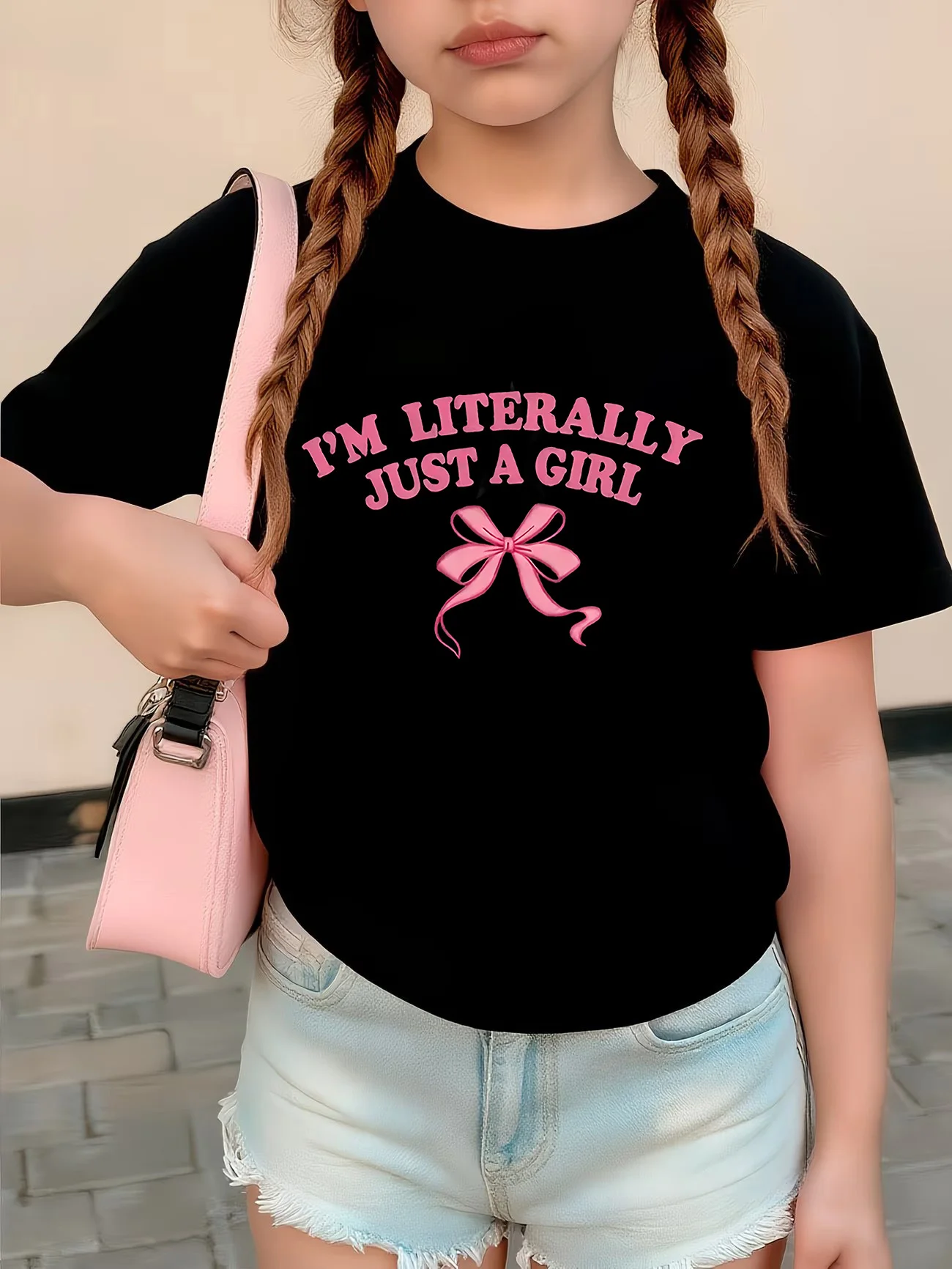 Ich bin buchstäblich nur ein Mädchen. T-Shirt mit Schleife für Mädchen und Kinder, lässiges bedrucktes T-Shirt im Vintage-Stil, Rundhalsausschnitt, kurzärmeliges Oberteil