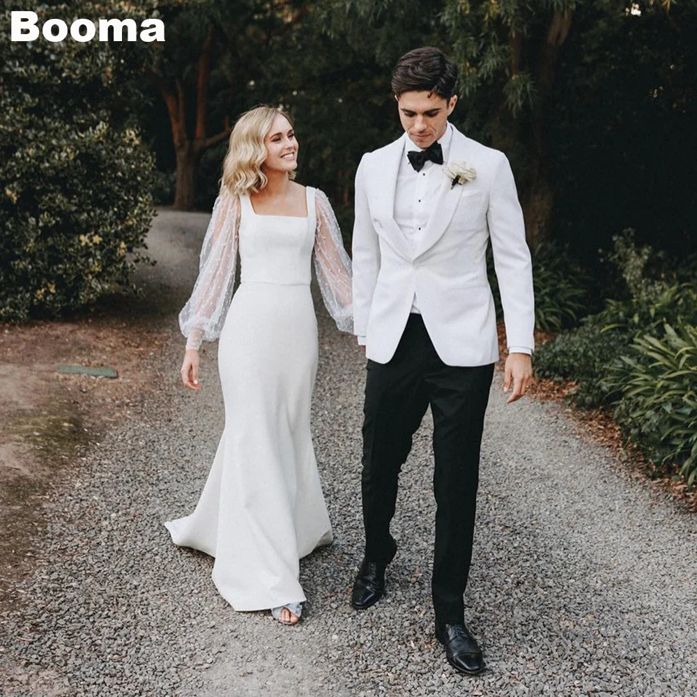 Booma Stain Elegant Mermaid Wedding Dresses Square Collar Long Sleeves Bridals Party Gowns Long Brides Dress for Women 2023