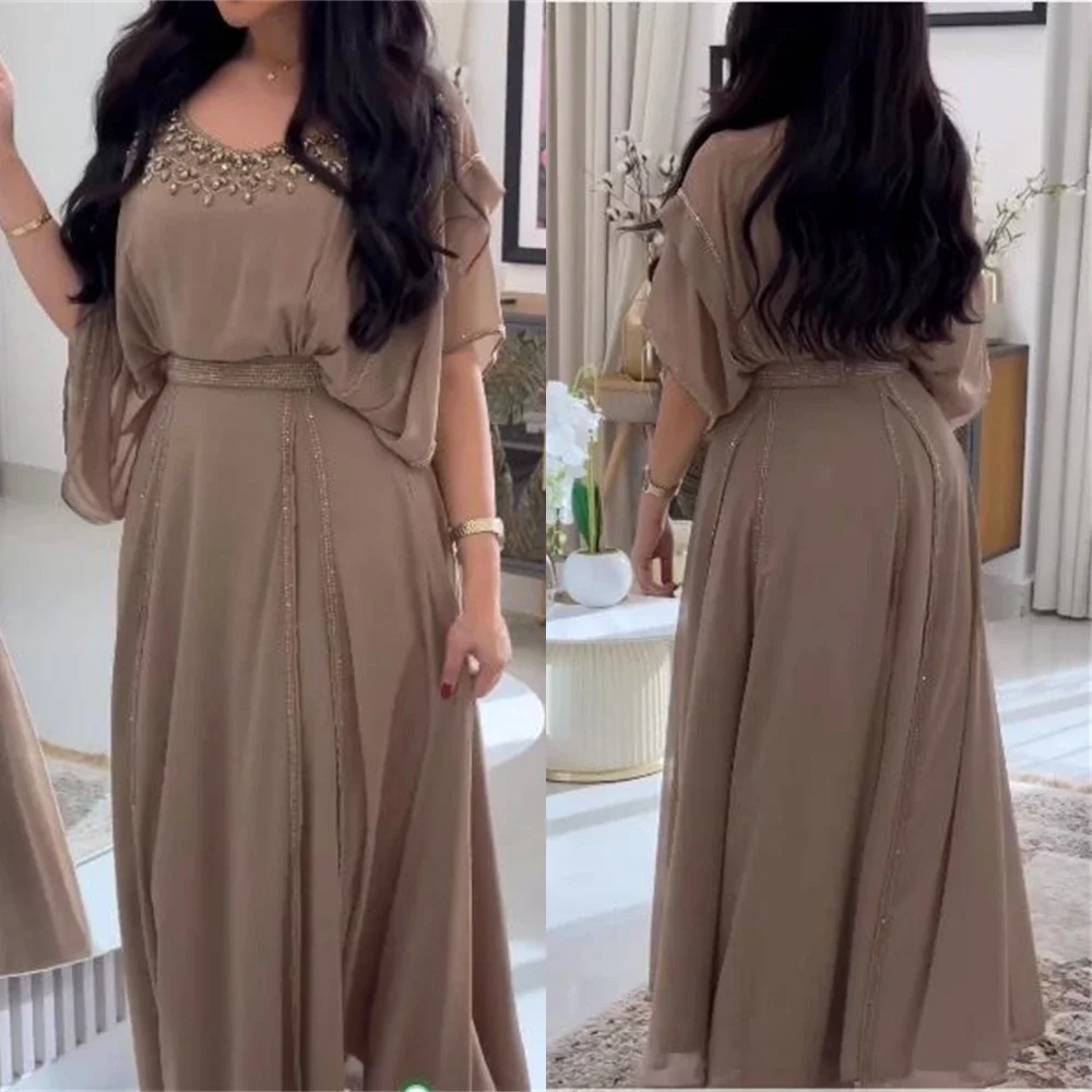 Aangepaste hoge kwaliteit sexy juweel a-lijn kralen chiffon formele gelegenheid jurk Плае Жabaa dzi Mohamed vestidos de Cerimonia