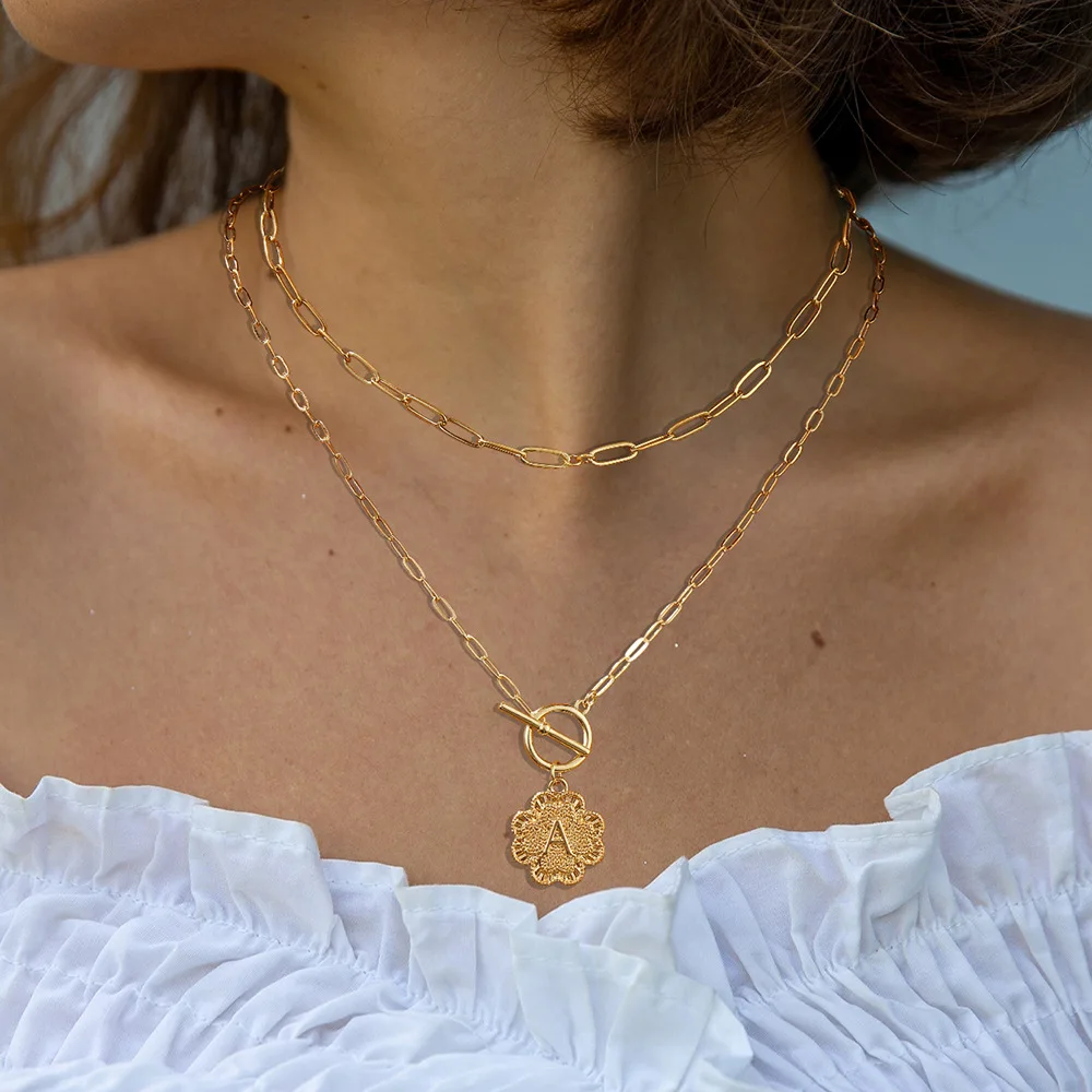 Custom Initial Necklace Women Gold Filled Textured Flower Pendant A-Z Alphabet Toggle Clasp Chain Jewelry