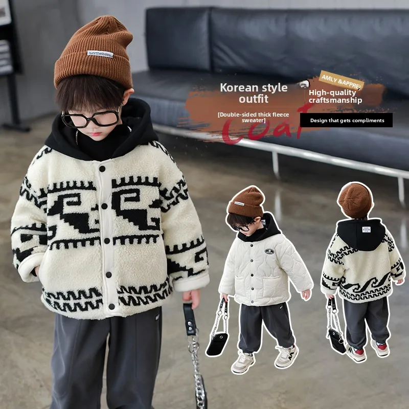 

Thiened Lamb Velvet Jaet for Boys Autumn Winter Double-sided Wearable Fur 2024 New Winter Cotton Clothes Youth Faion