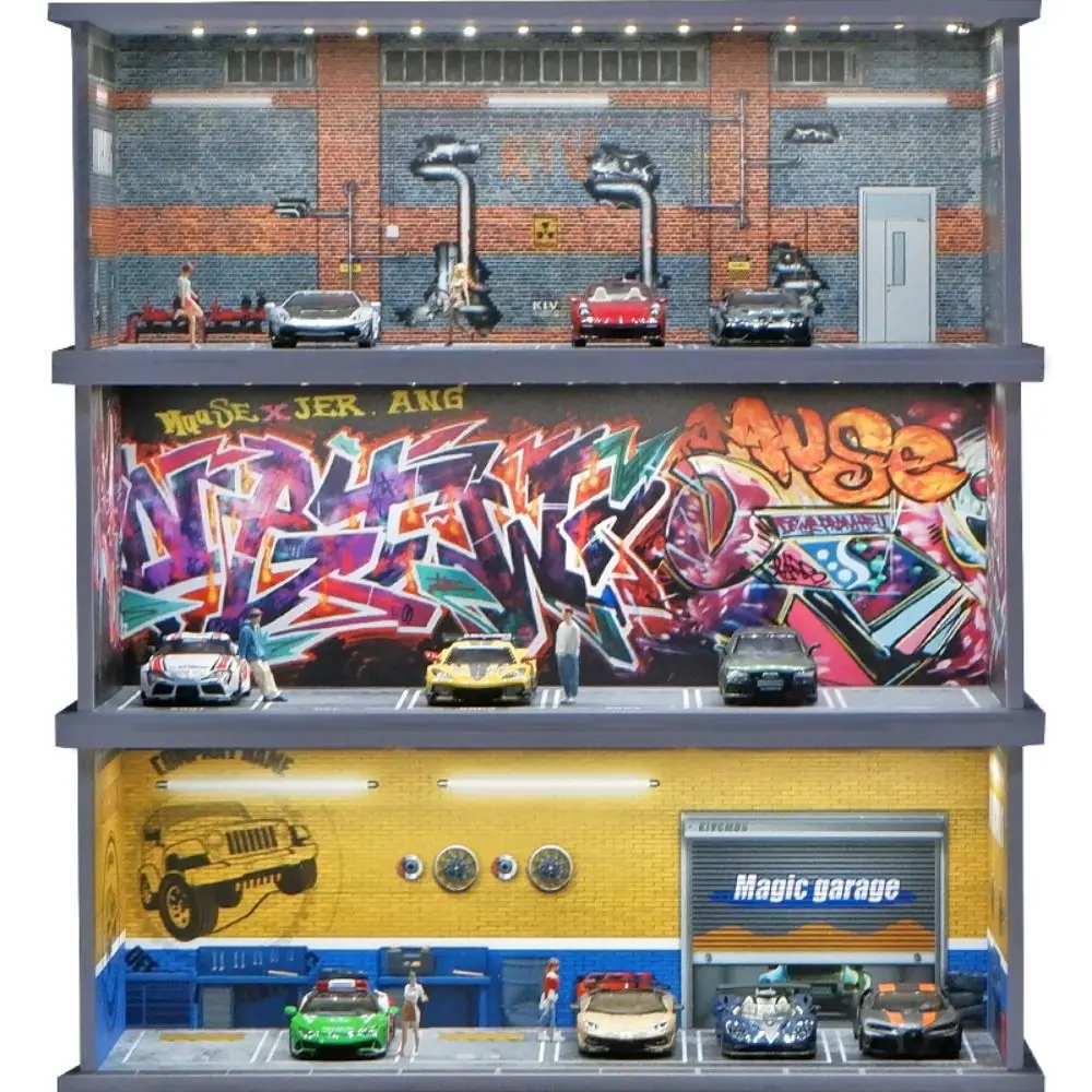 

1/64 Scale Garage Scene Model With Lights Miniature Parking Lot Model Simulation Showroom Car Model Display Box Boys Gift