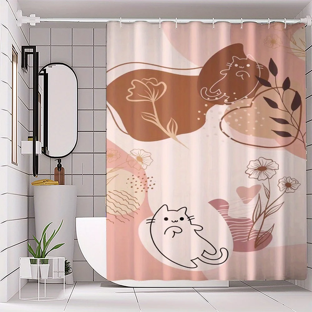 

1pc Cute Cat and Floral Print Polyester Shower Curtain with Hooks - Pastel Pink Design, No-Drill Installation for Bathroom Decor
