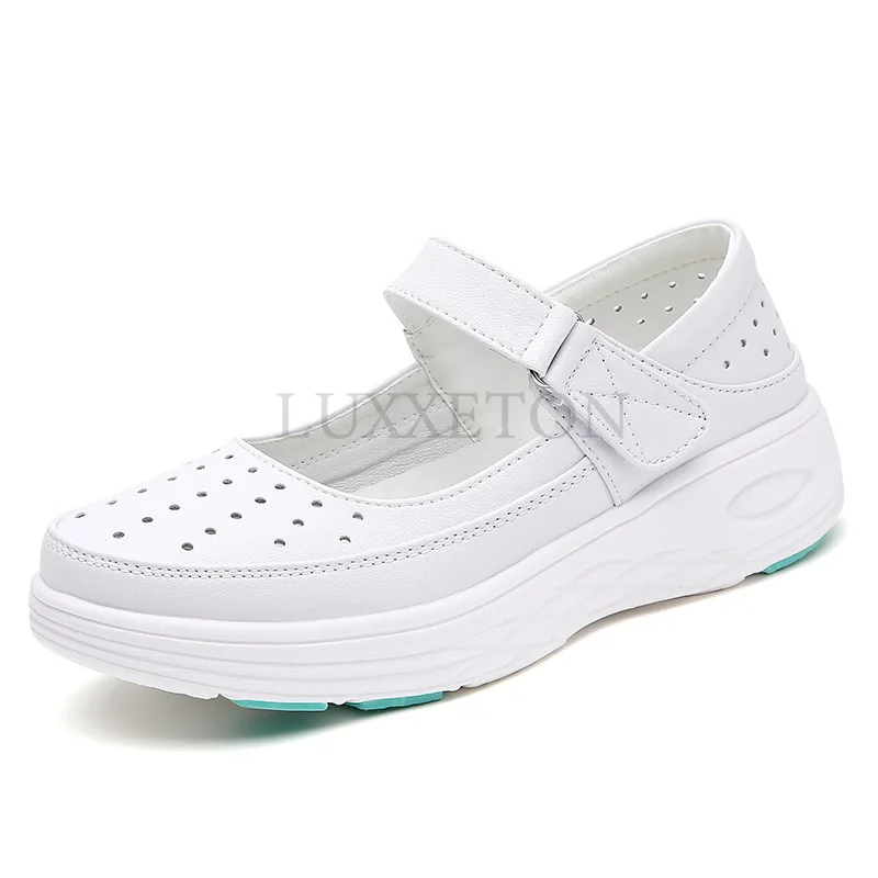 Genuine Leather Air Cushion Nurse Shoes for Women Spring Soft Soled Breathable Thick Soled Women Shoes White Medical Shoe