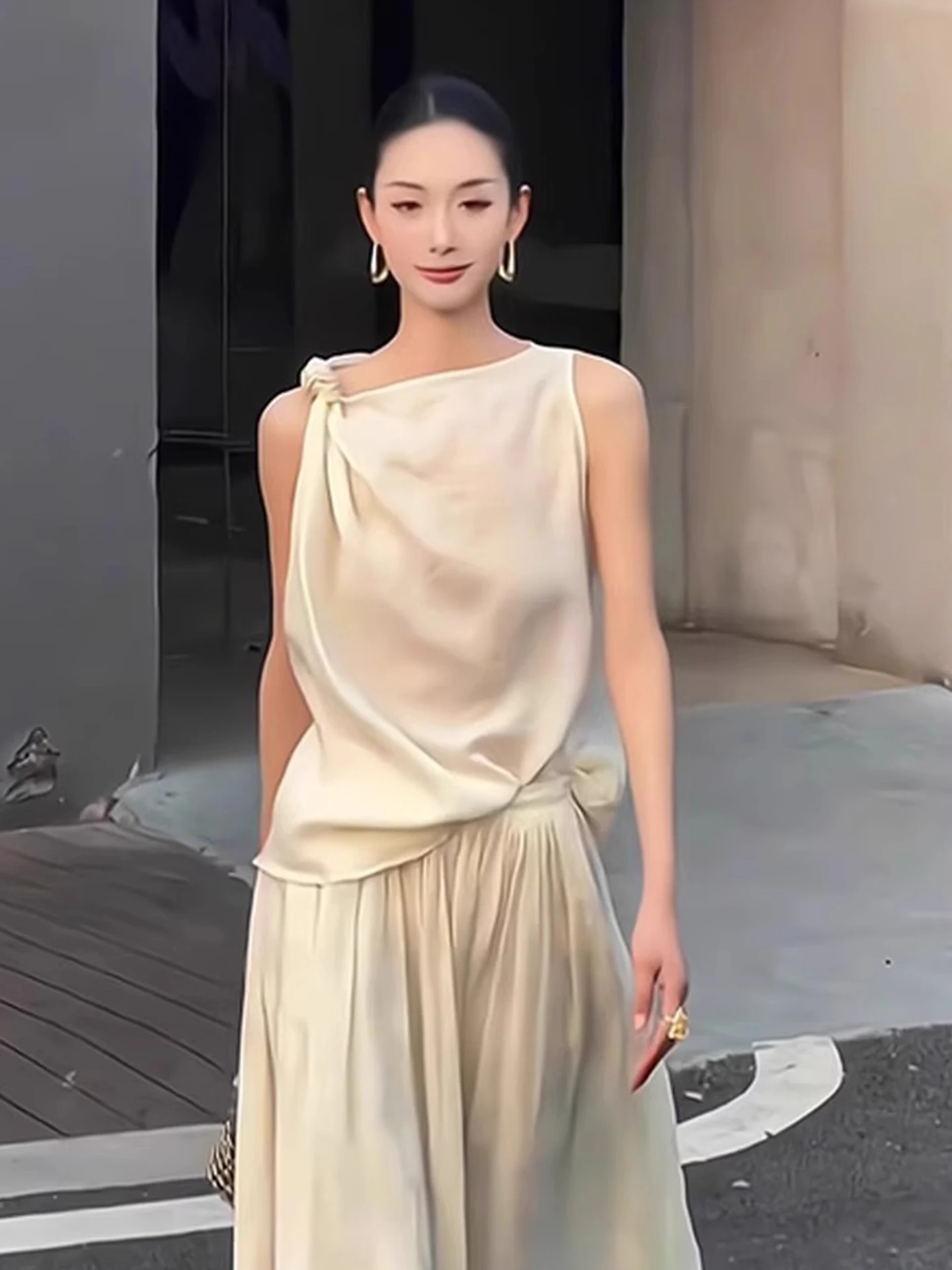 Ele Color Vest Raso di seta Svel Design faionable da donna Top estivo Nodo Colore puro Coreano Sle Taglio dritto