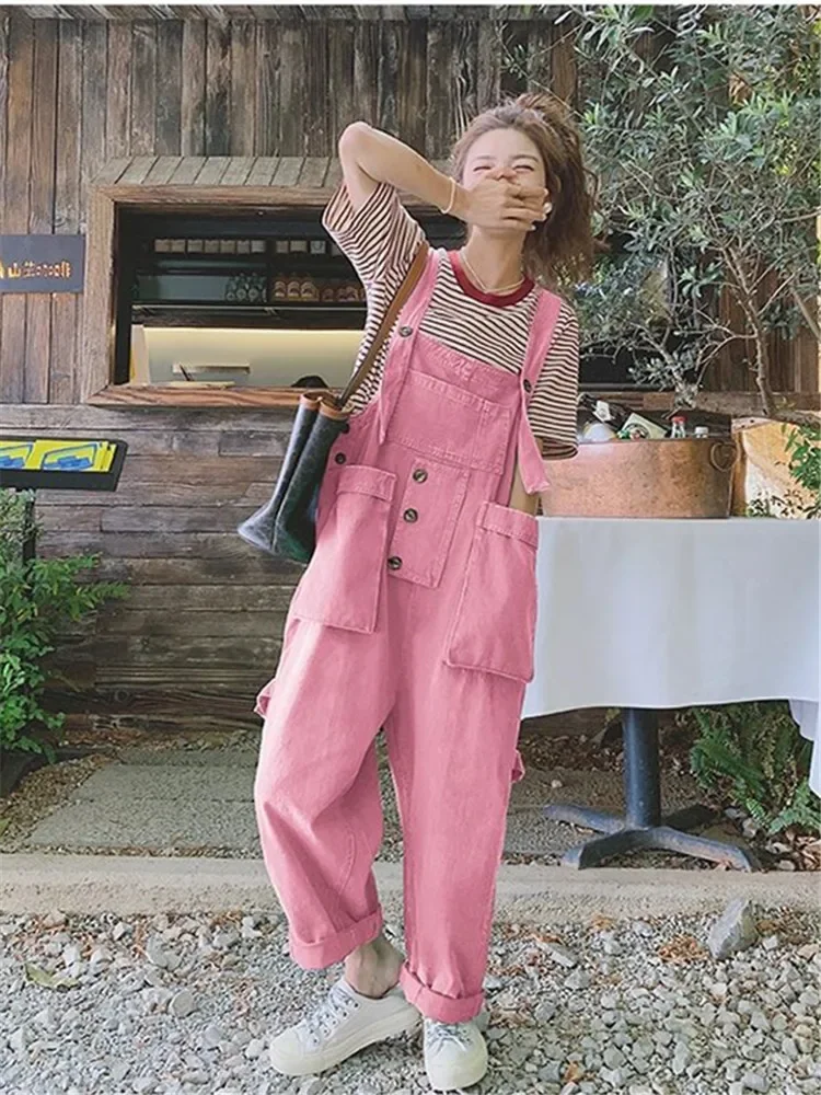 Pink Jumpsuit 2024 Spring Autumn Oversized Loose Overalls Personalized Green Casual Strap Trousers Women Large Crotch Pants