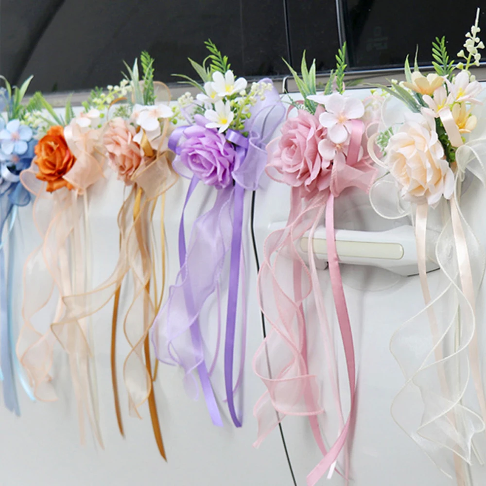 Weiße Rosen Hochzeitsauto-Spiegelblumendekoration, Künstliche Blumen-Autospiegeldekoration mit Band, Romantische Brautauto-Dekoration für Hochzeitszeremonie – Detail 2