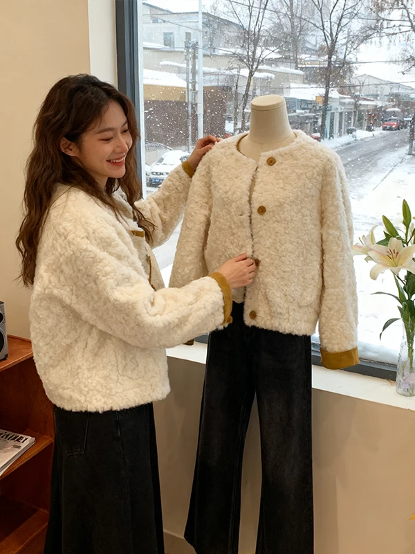 

Korean Sle Warmth Lamb Fur Jaet Women's Winter Loose Coat Anti-Aging Top Small Size Light Beige Color Fem Outerwear