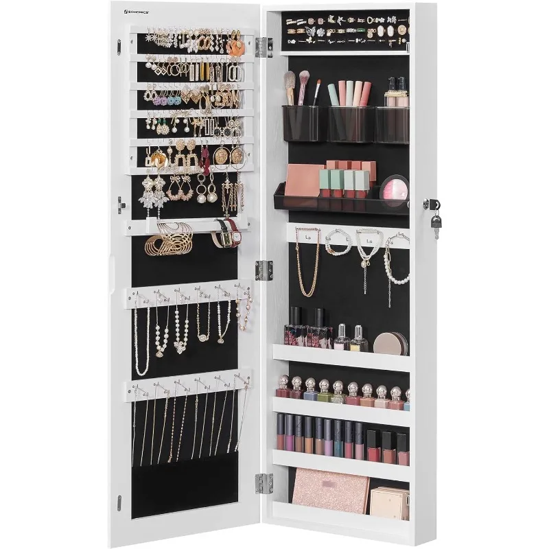 

Jewelry Cabinet Armoire, Lockable Wall-Mounted Organizer Unit with 2 Plastic Cosmetic Storage Trays
