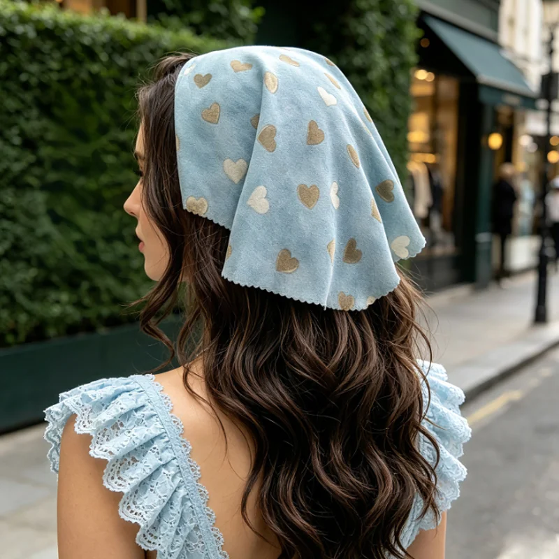 Women Tulle Headband Sweet Heart Shaped Printed Chiffon Veil Hair Hoop Headscarf For Bridal Evening Party Hair Accessories