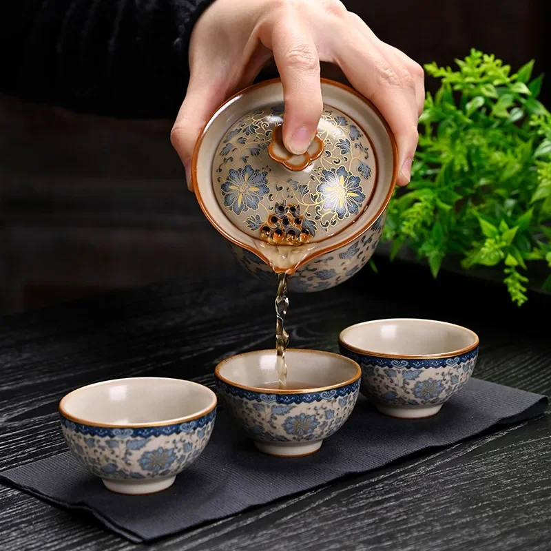Blue & White Ru Porcelain Travel Tea Set Portable Kung Fu Ceremony Kit with Lotus Pattern 1 Teapot 3 Cups And Compact Case