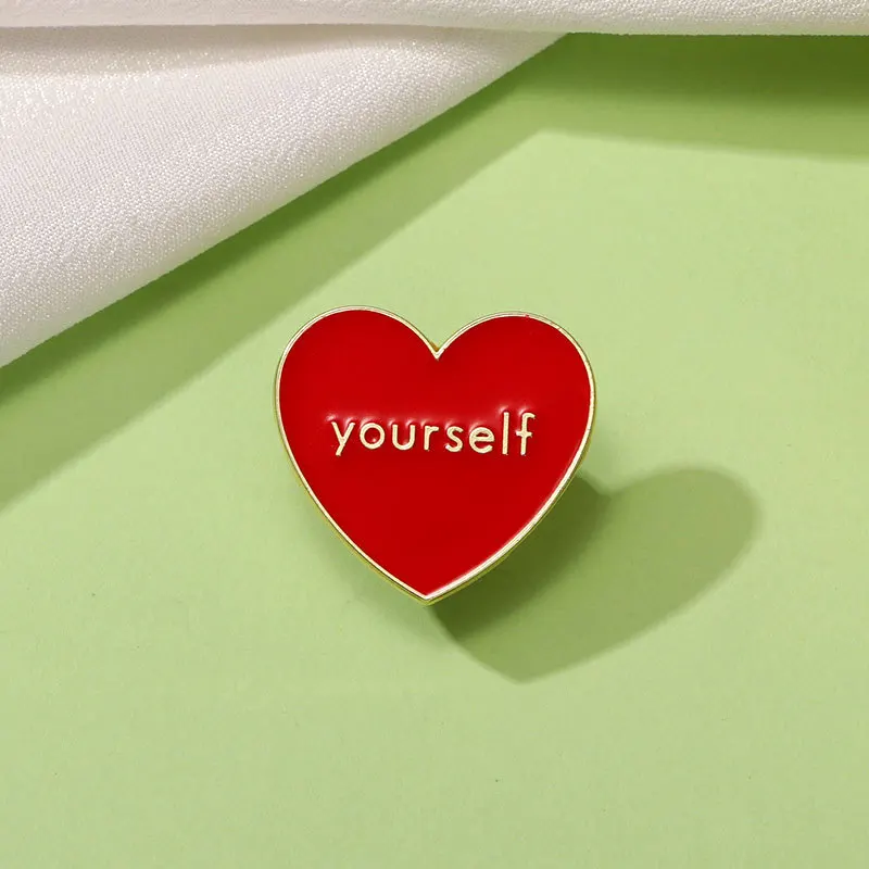 New Style Cartoon Enamel Heart Brooch Unisex Alloy Love Self Letter Badge Pin for DIY Bag Clothing Hat Scarf T-shirt Accessories