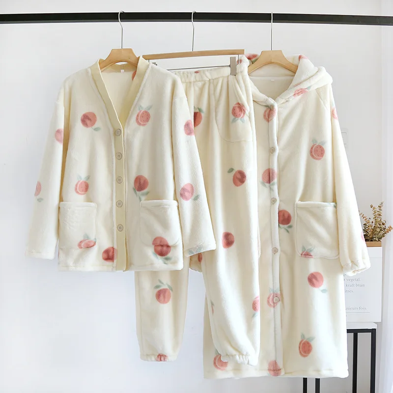 Vrouwen Nieuwe Capuchon Gewaad V-Hals Pyjama Set Flanellen Huis Pak Set Fluwelen Winter Warme Pyjama Dames Koraal Fleece Dikke Huiskleding Set