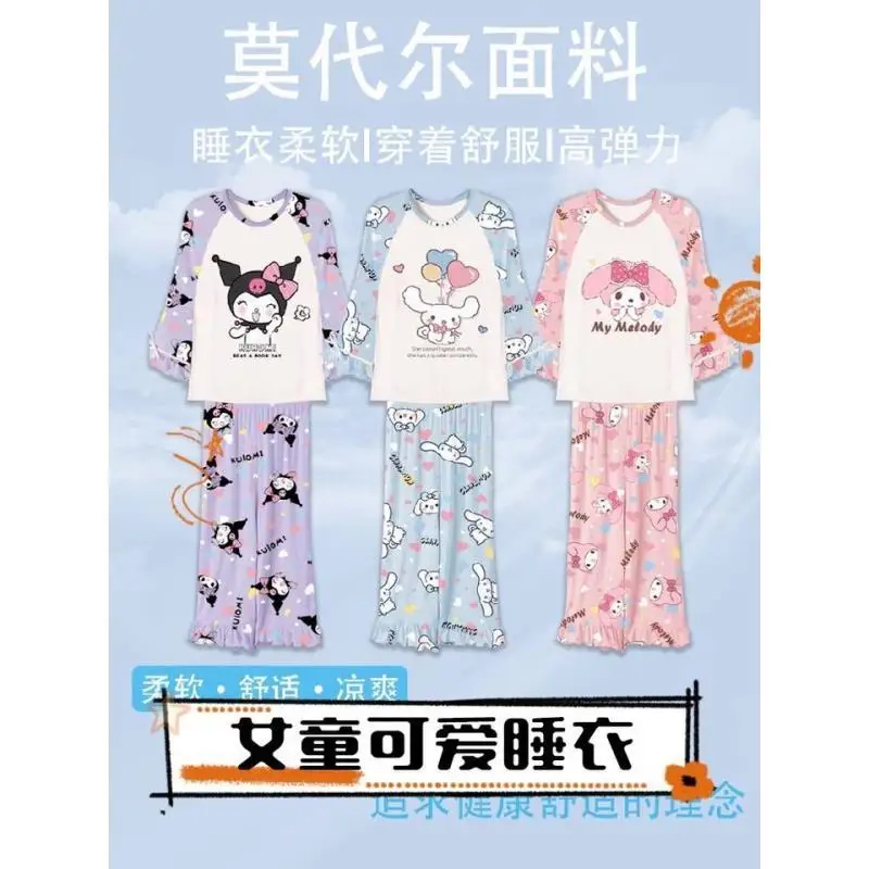 

Sanrio модные пижамы для девочек, 2 предмета, домашняя одежда с героями мультфильмов My Melody, весенне-осенняя одежда Kawaii Kuromi из чистого хлопка, повседневная одежда с длинными рукавами