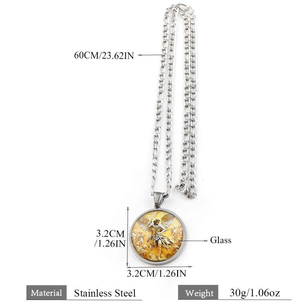 Archangel SAINT MICHAEL PROTECT US Glass Cabochon Medal Pendant Necklace Stainless Steel Gold Plated Christian Amulet Jewelry view 6
