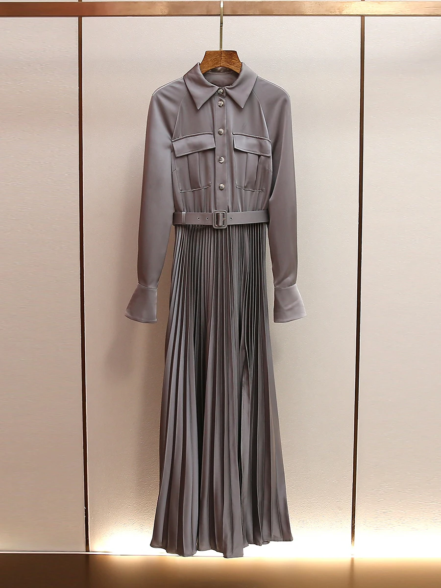 VGH sólido elegante draoed vestidos de satén para mujeres Lape manga larga cintura alta empalmado cinturón temperamento vestido mujer moda nueva