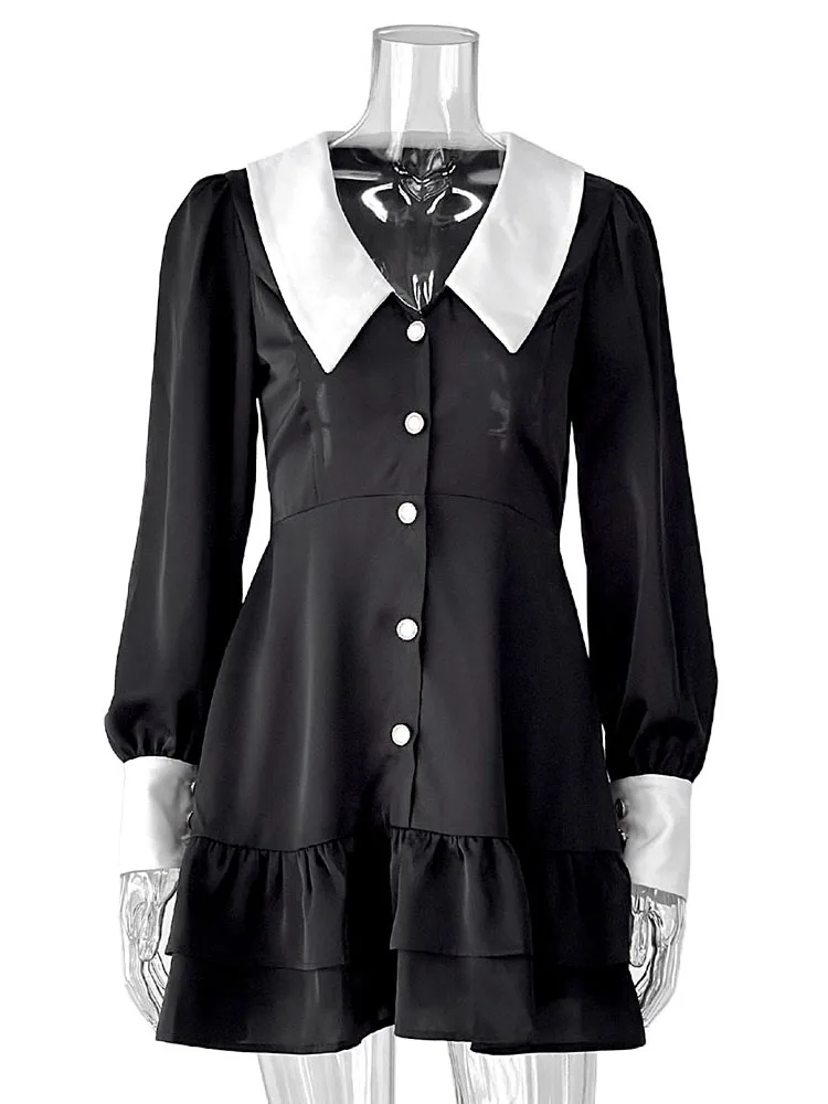 Parc Fee mode ample noir Patchwork femmes robe décontracté revers lanterne manches Mini robes élégant classique à volants femme robe