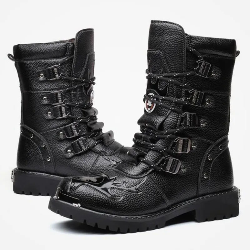 New Men Motorcycle Boots Fashion Mid-Calf Punk Rock Punk Leather Black High Top Mens Casual Boot Steel Toe Shoes Big Size 38-46