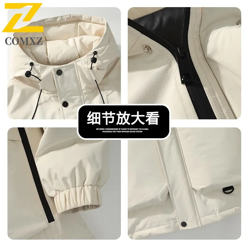 COMXZ Men Puffer Jacket Hooded Thick Warm Ski Street Loose Coldproof Travel Cotton Padded Jacket High Quality Snow Winter Jacket