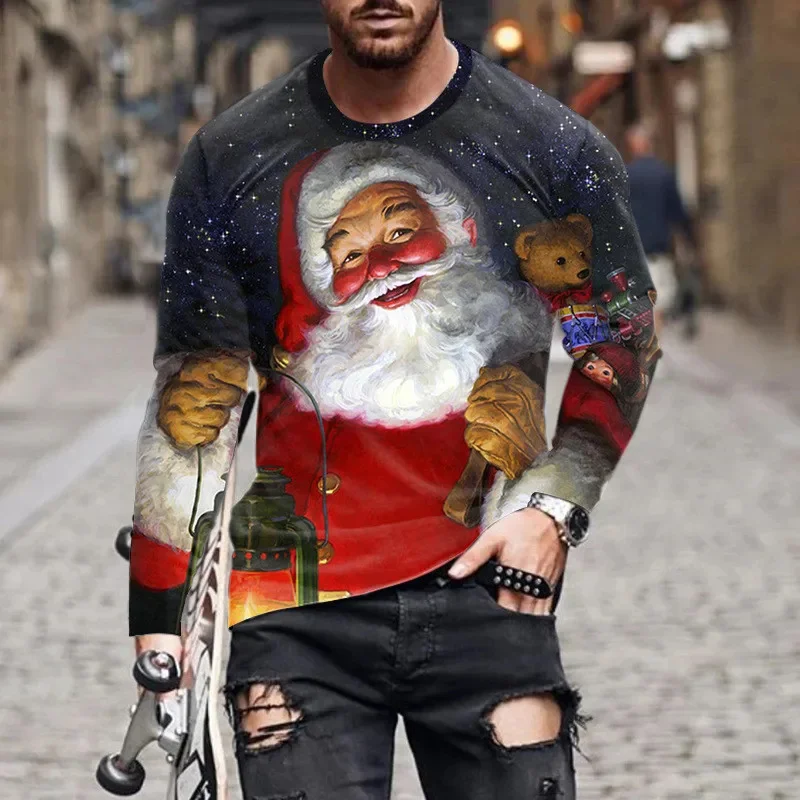 Autumn Winter Christmas Deer Pattern Men's Fashion T-Shirts Long Sleeve 3D Printed Christmas Style Street Tee 6XL Plus Size Tops