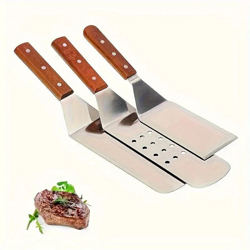 

"Eco-Friendly Wood" 3-Piece Stainless Steel Spatula Set With Wooden Handles - Perfect For Burgers, Steak, Pizza & Outdoor Picnic