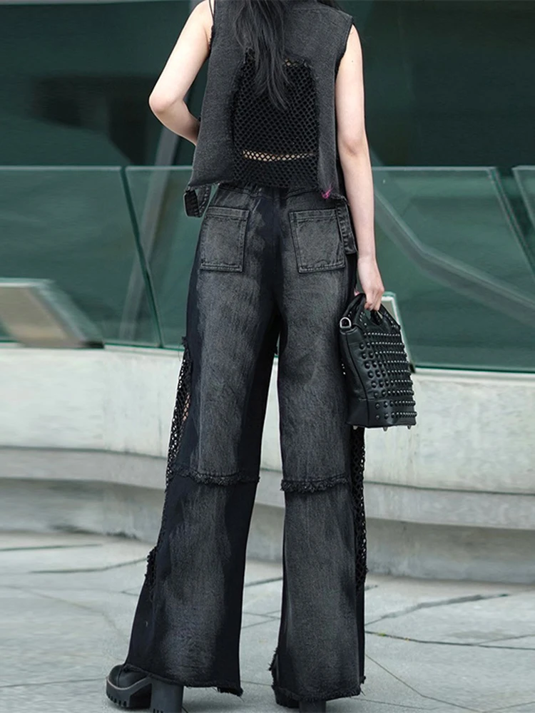 [EAM] Big Size Denim Vest Wide Leg Pants Two Piece Suit New V-Neck Sleeveless Women Fashion Tide Spring Autumn 2024 1DH8289