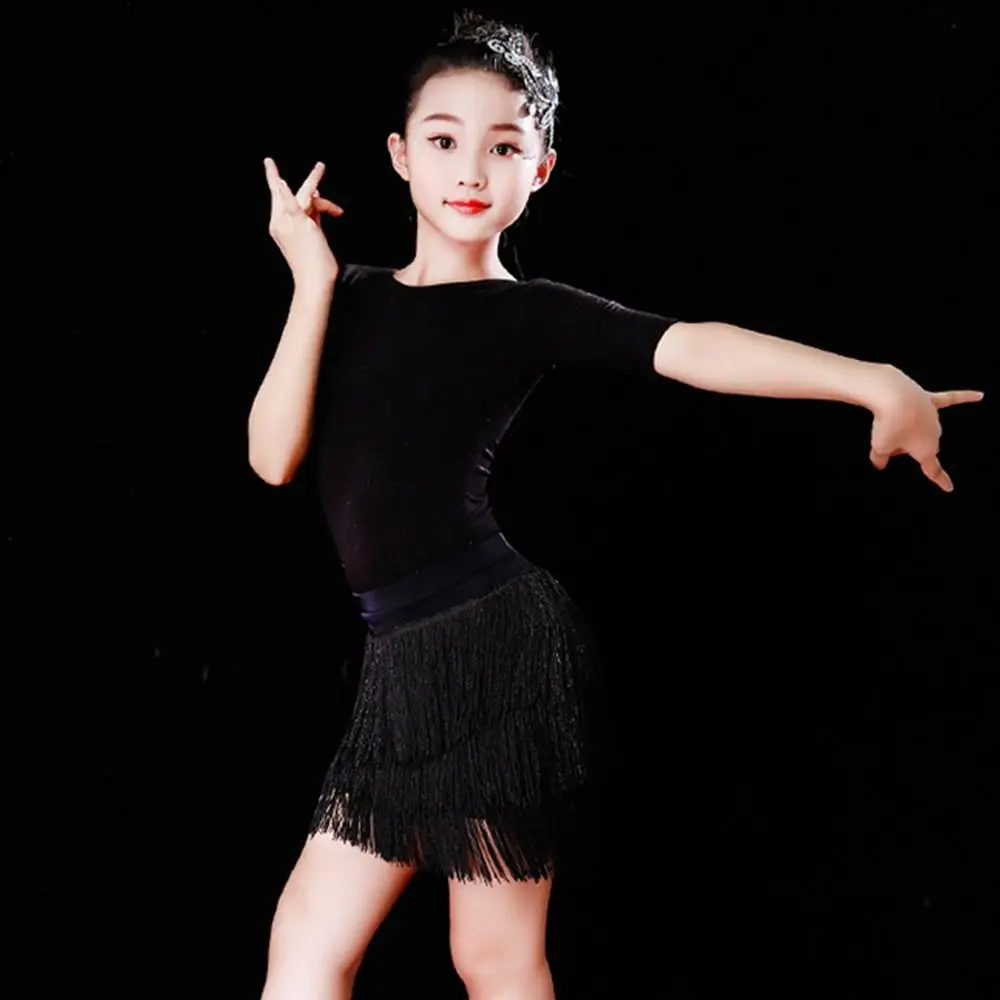 Tassel Children Dance Skirt Professional Stage Costume Ballroom Dancing Wear Competition Stage Show Three-Layer