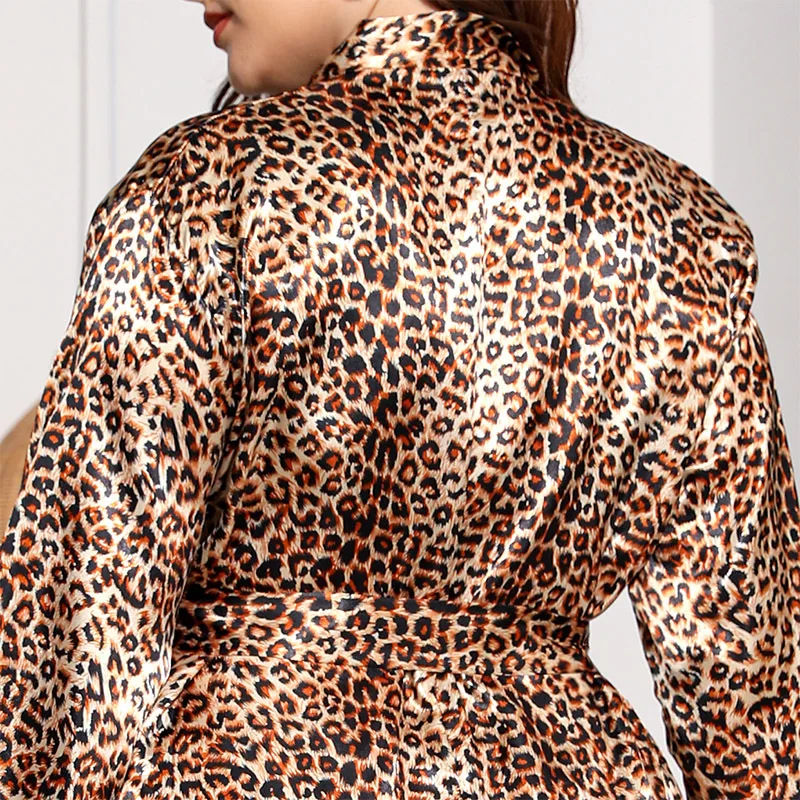 Summer New Kimono Bathrobe Gown Sexy Leopard Nightgown Loose Home Dressing Women\'s Sleepwear Long Sleeve Robe Big Size 4Xl 5Xl