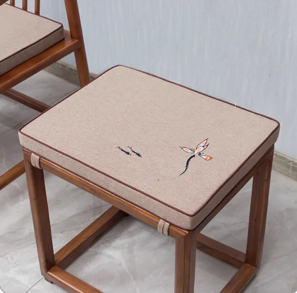 

Custom Chinese Embroidery Lotus Rectangle Stool Seat Cushions with Ties, Replaceable Non-slip Cotton Linen Tea Chair Pads