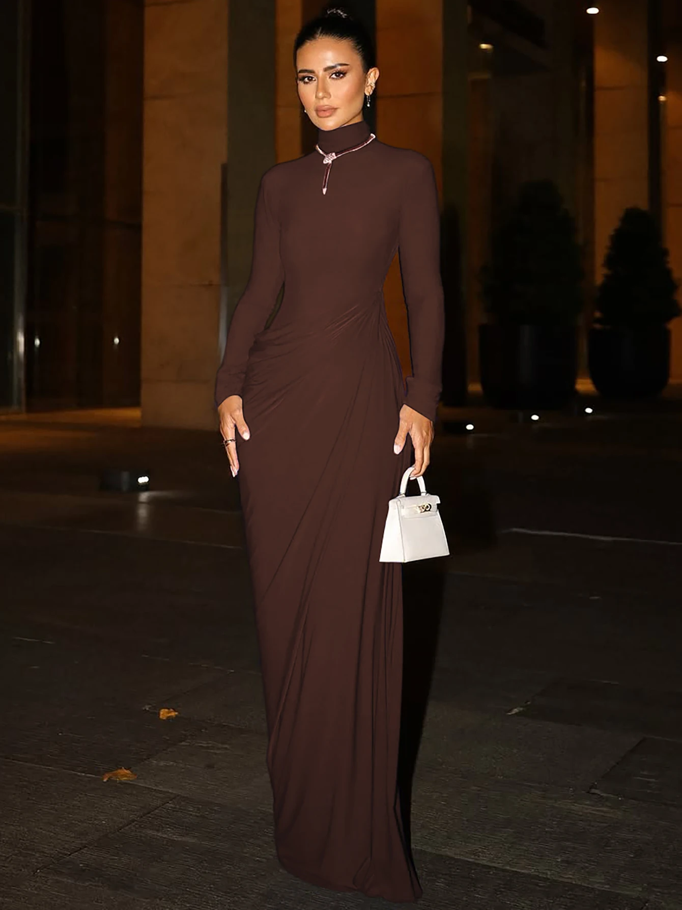 Dulzura Autumn Fashion Elegant High Collar Long Sleeve Ruched Slim Fit Long Dress Women'S Solid Casual Party Club Street Clothes image 4