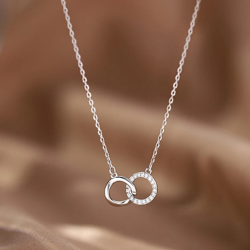 Luxury Fine Double Round&Square Zircon Pendant Neckalce Women Jewelry Gift 925 Sterling Silver Geometric CZ Drop Clavicle Chain