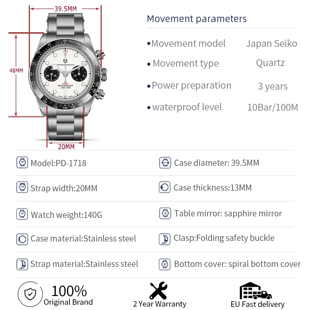 PAGANI DESIGN BB Panda Retro Chronograph 100M Waterproof Sport Quartz All Steel VK64 Watch Sapphire mirror Luminous Mens Watches