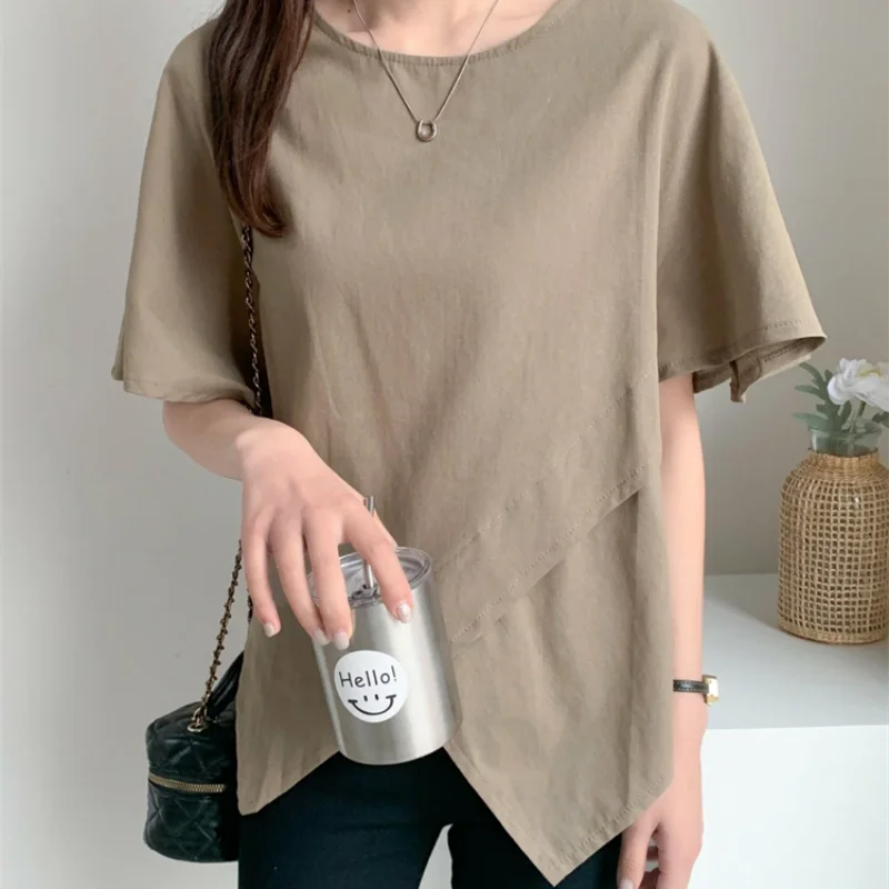 

Loose Women's T-Shirt plus Size Asymmetric Short Sleeve round Neck Fashionable Base Shirt Spring Summer 2026 Casual Style