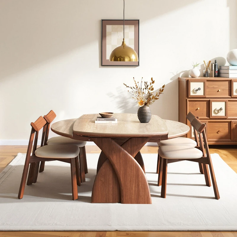 

Travertine rock slab dining table walnut medium antique solid wood telescopic folding dining table and chairs variable