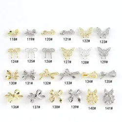 Dijes de uñas de mariposa de aleación 3D, joyería de Arte de uñas de arco, manicura hueca, pajarita dorada/plateada, piezas de uñas, suministros a granel, 10 piezas por lote