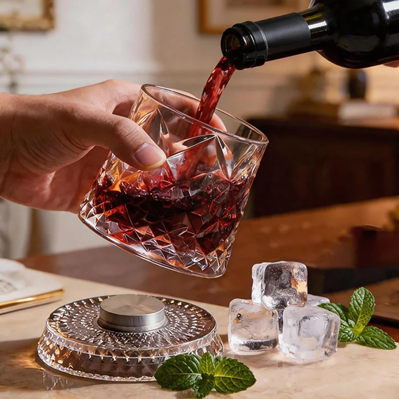 280ml Rotate Whiskey Glasses with Glass Base Crystal Rum Glass Cup for Cocktail Party Creative Beer Wine Beverage Drinking Cup