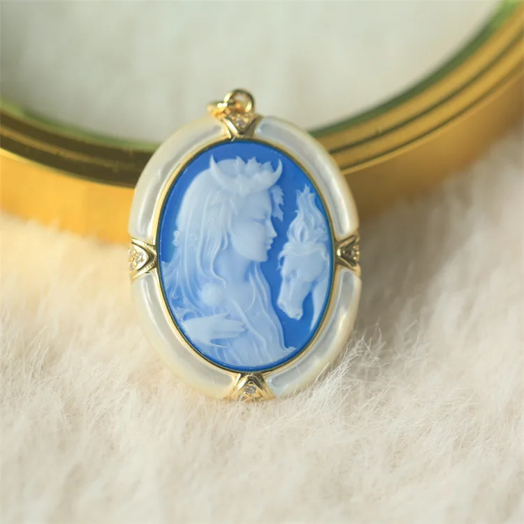 S925 Silver Inlay German Camio Agate Relief with Dream as Horse Pendant