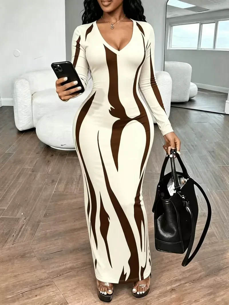 Ladies Night Out Maxi Dress Long Sleeve V Neck Abstract Color Block Print Stretch Bodycon Dress