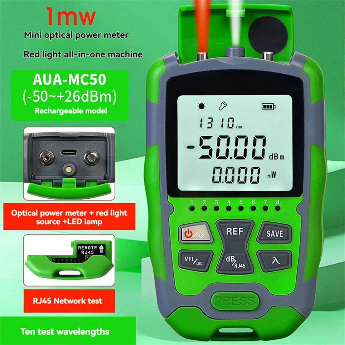-MC50 1MW Rechargeable Optical Power Meter 4 in 1 Multifunction OPM FTTH Tool Fiber Optic Tester -50-+26dbm