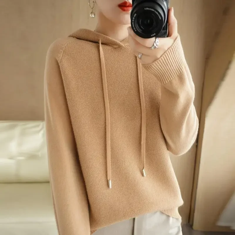 ใหม่ฤดูใบไม้ร่วงฤดูหนาวผู้หญิงเสื้อกันหนาว Cashmere Wool Blend Pullover Hooded COLLAR Coat Casual ถักหนาเสื้อแจ็คเก็ตเสื้อกันหนาว