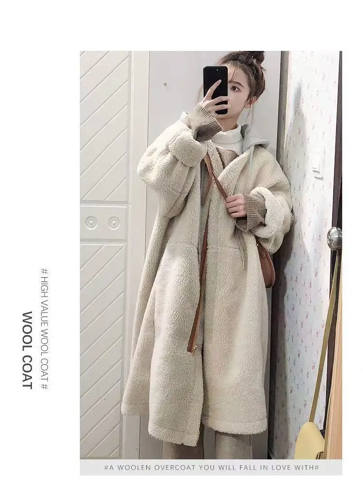 Winter New plus Size Women's Long Loose Outerwear Hooded Splicing Zipper Lamb Velvet Jacket Thickened Long Sleeve Coat